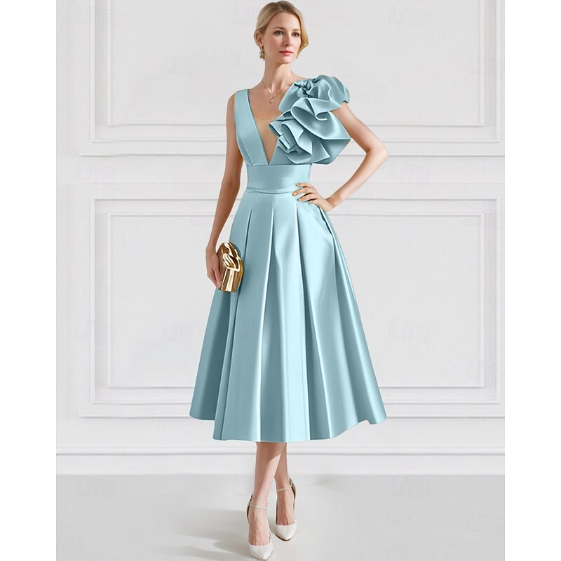 A-Line Cocktail Gown Elegant Dress Formal Wedding Guest Ankle Length Sleeveless V Neck Satin with Pocket Shouder Flower2