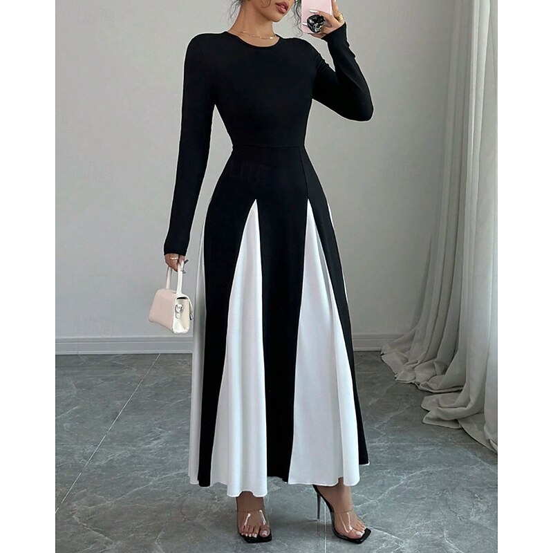 Women's Long Dress Maxi Dress Graduation Dress Casual Dress Fashion Modern Outdoor Vacation Daily Regular Fit Color Block Long Sleeve Crew Neck Black Summer Spring