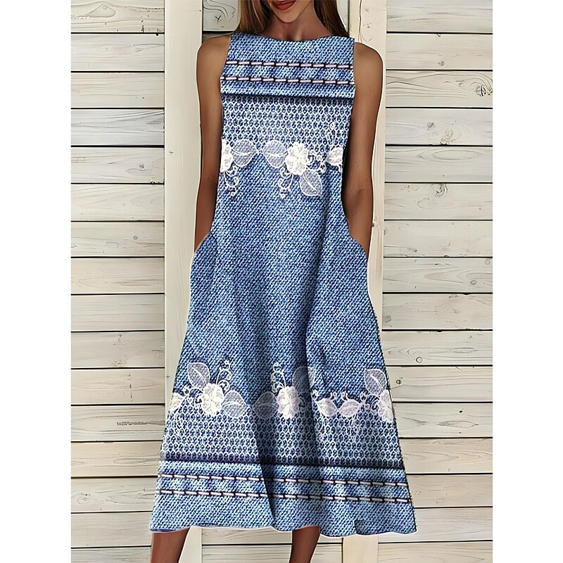 Women's Midi Dress Sundress A Line Dress Summer Dress Vacation Casual Cocktail Daily Holiday Summer Dress Regular Fit Graphic Geometric Sleeveless Crew Neck Navy Royal Blue Blue Sky Blue Summer2