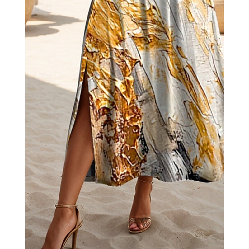 Women's Maxi Dress T Shirt Dress Tee Dress Sundress Shift Dress Summer Dress Elegant Beach Party Holiday Beach Regular Fit Abstract Marble Short Sleeve Crew Neck Gold Summer Spring3