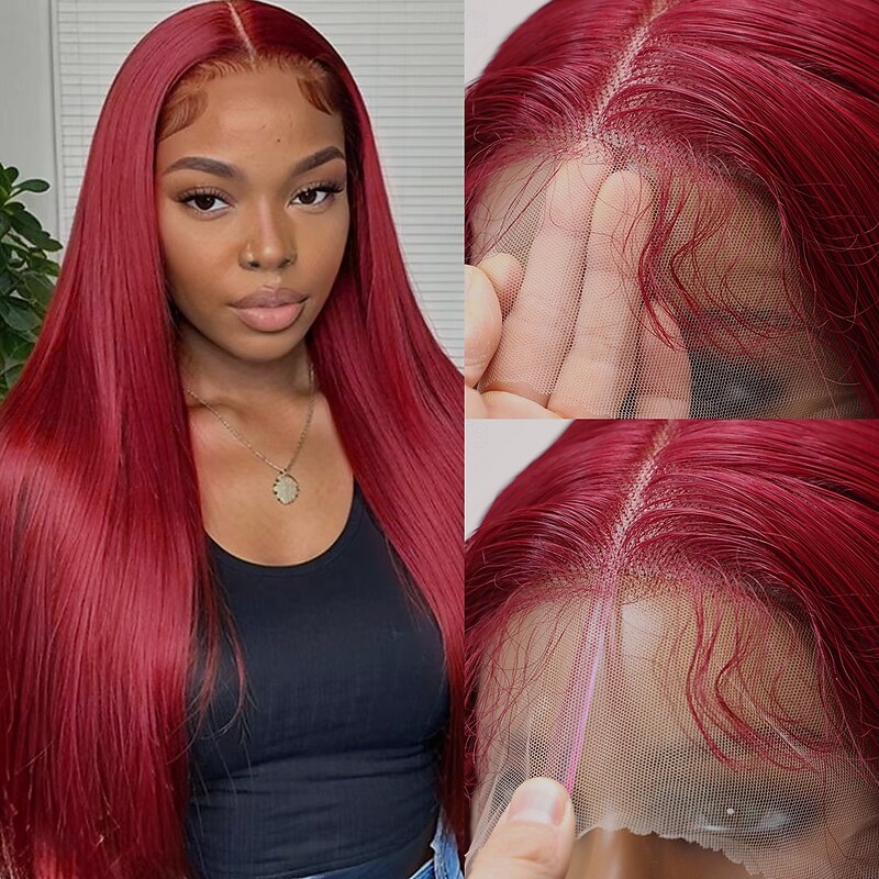 Synthetic Lace Wig Straight Style 32 inch Red Middle Part 13x6 Lace Front Wig Women's Wig Red / White2