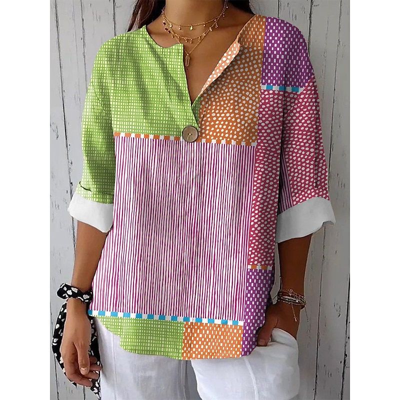 Women's Cotton Linen Shirt Graphic Geometric Color Block Vintage Tropical Hawaiian  Regular Tops Daily Holiday Beach Wear Patchwork Buttons Print Pink Green Summer Spring2