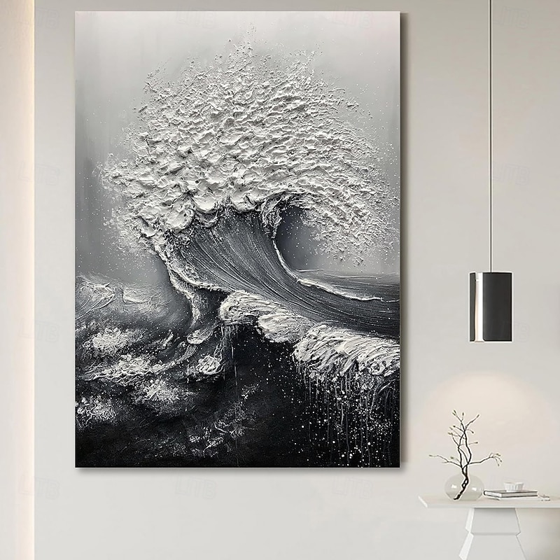 Handmade Oil Painting Canvas Wall Art Decoration 3D Palette Knife Black and White Ocean Wave Abstract Landscape for Home Decor Stretched Frame Hanging Painting/Rolled Frameless Unstretched Painting2