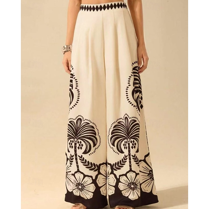 Women's Culottes Wide Leg Slacks Fashion Streetwear Full Length Natural Flower Elastic Waist Printing Comfy Comfortable Outdoor Vacation Street Black White Blue Summer Regular Fit