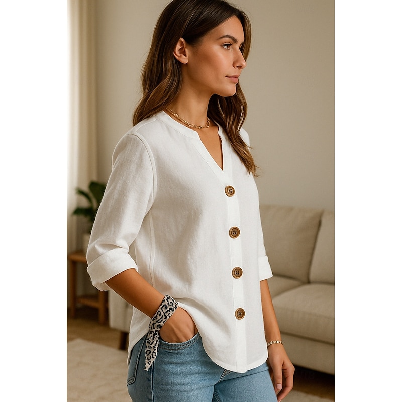 Women's Button Up Cotton Linen Shirt Plain Basic Modern Long Sleeve V Neck Regular Tops Daily Buttons White Summer4