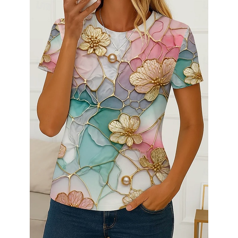 Women's T Shirt Floral Graphic Plants Casual Short Sleeve Round Neck Regular Tops Daily Print Light Green Summer Spring