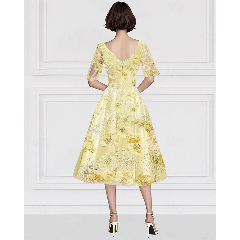 A-Line Beaded Embroidered Mother of the Bride Dress Floral Elegant Vintage Illusion Neck Ankle Length Tulle Half Sleeve with Sequin4