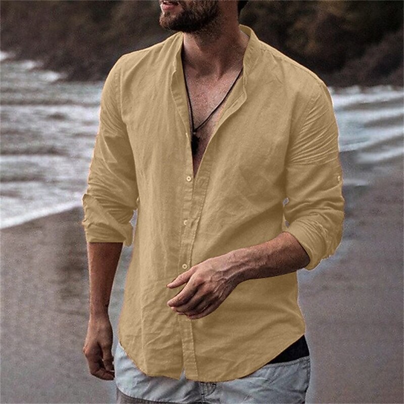 Men's Shirt Band Collar Shirt Summer Shirt Beach Wear Casual Shirt Button Up Shirt Plain Vacation Hawaiian White Sky Blue Orange Green Long Sleeve Stand Collar Clothing Apparel2