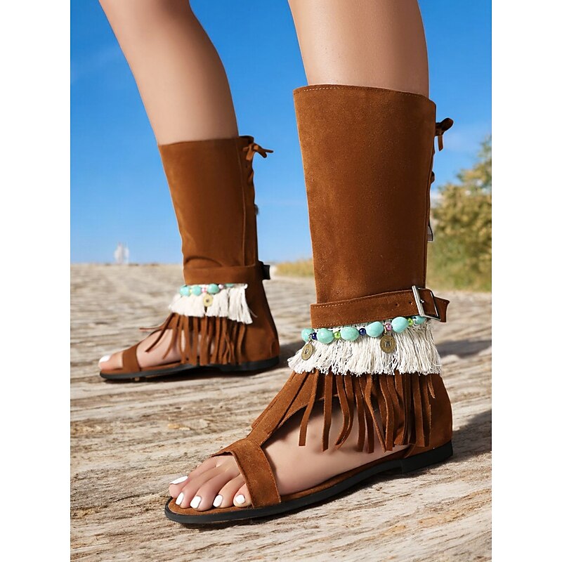 Women's Boho Fringe Gladiator Sandals – Knee High Suede Summer Boots with Beaded Ankle Strap for Festival & Casual Wear