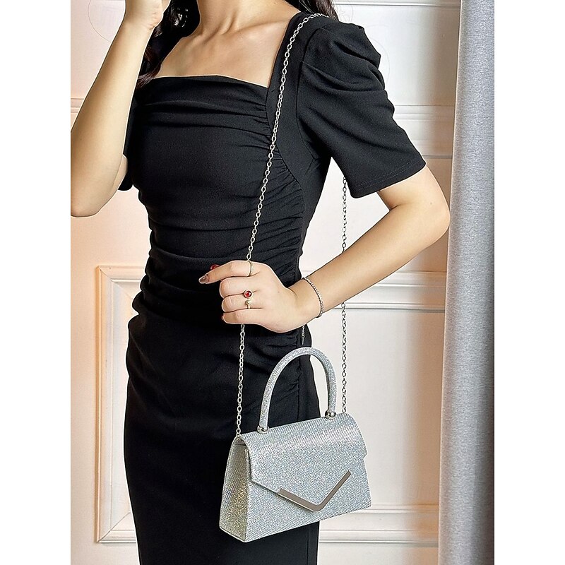 Women's Glitter Evening Clutch Bag with Chain Strap – Elegant Structured Top Handle Purse for Weddings, Cocktail Parties and Formal Events4