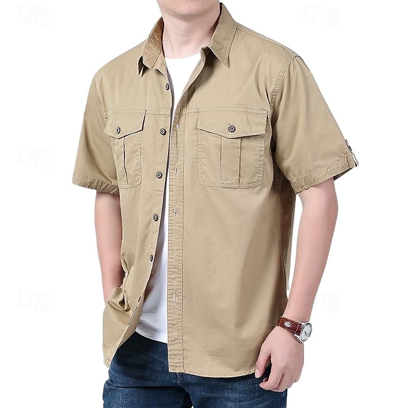 Men's Shirt Summer Shirt Casual Shirt Button Up Shirt Cargo Shirt Deep Blue khaki Army Green Beige Gray Short Sleeve Plain Shirt Collar Vacation Hawaiian Pocket Clothing Apparel 100% Cotton Fashion