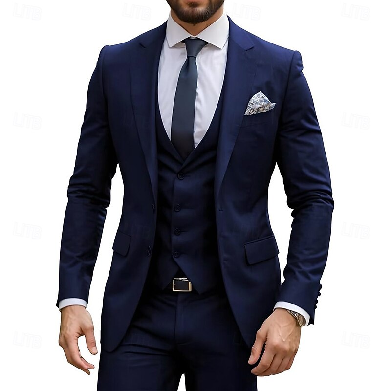Men's Business Suits Notch Lapel Burgundy Navy Blue Fashion Formal Solid Colored Standard Fit 3 Piece Single Breasted Two-buttons