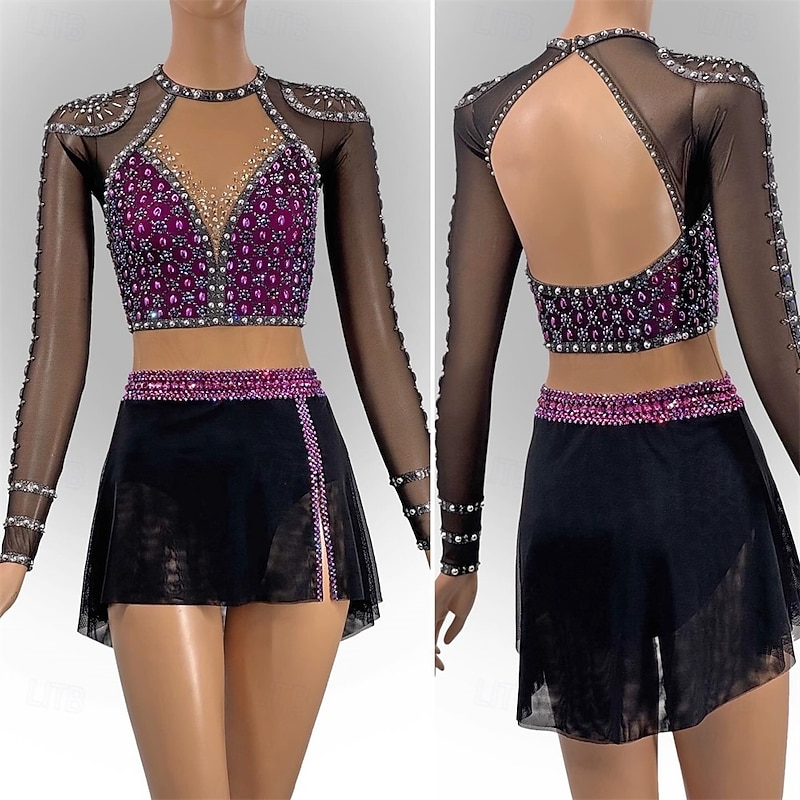 Figure Skating Dress Women's Girls' Ice Skating Dress Dark Purple Open Back Asymmetric Hem Mesh High Elasticity Training Competition Skating Wear Classic Crystal / Rhinestone Long Sleeve Ice Skating
