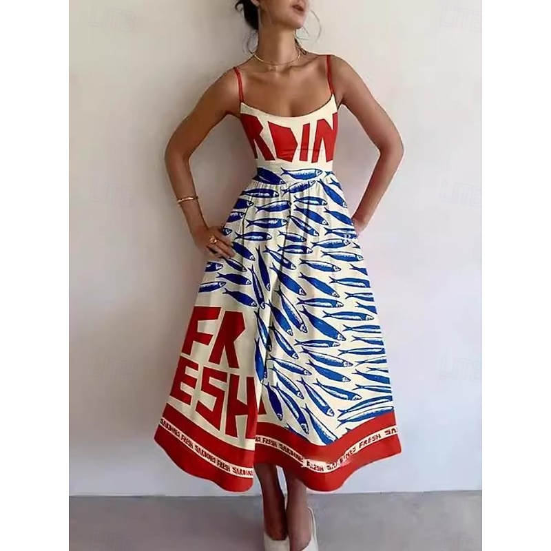 Women's Midi Dress Sheath Dress Vacation Casual Formal Party Graphic Animal Fish Sleeveless Spaghetti Strap White+Black Blue White White Red Summer Spring2