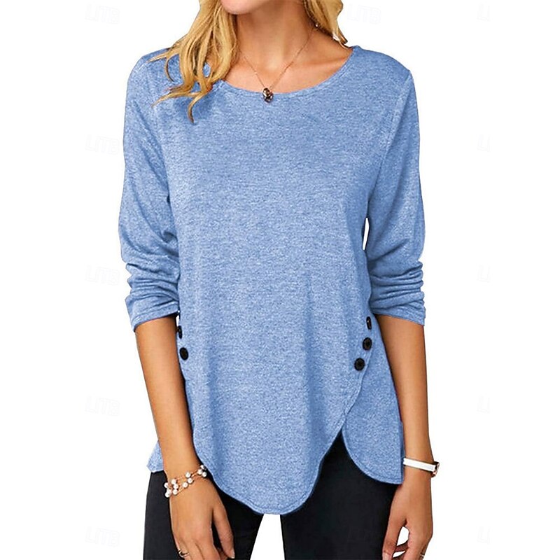 Women's Blouse Plain Stylish Casual Long Sleeve Crew Neck Regular Tops Daily Buttons White Sky Blue Purple Brown Summer Spring