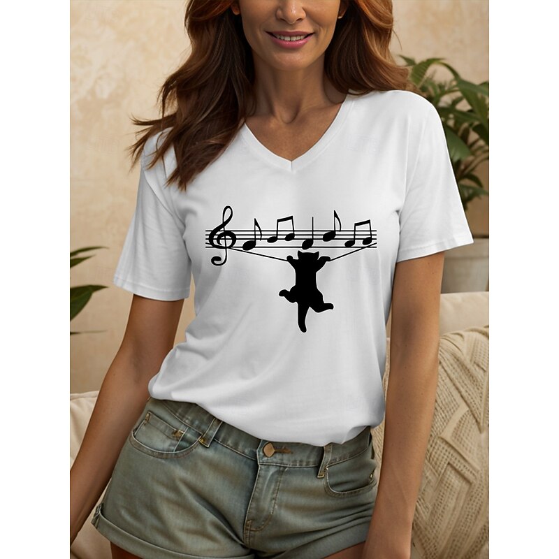Women's Blouse Graphic Cat Letter Vintage Stylish Classic Short Sleeve V Neck Regular Tops Daily Going out Beach Wear Print Black White Summer Spring4