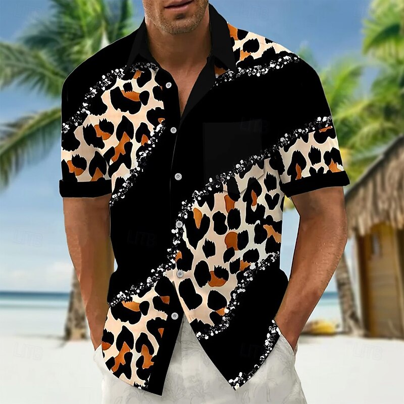 Men's Geometric Leopard Print Shirt Summer Shirt Button Up Shirt Short Sleeve Fashion Casual Outdoor Vacation Dailywear Summer Spring Turndown 3D Print Collared Shirts Front One Pocket Black