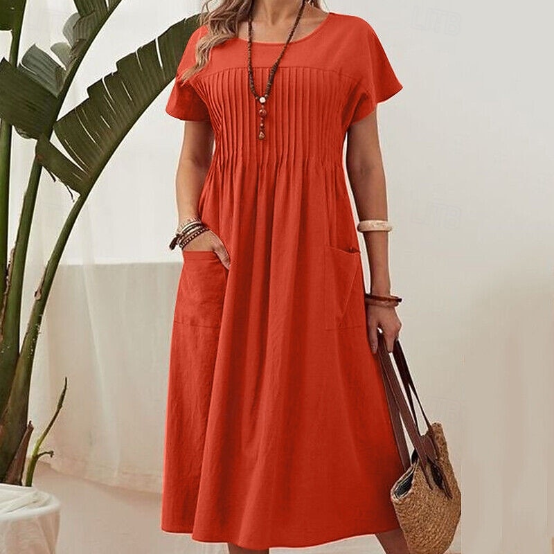 Women's EU / US Size Midi Dress Cotton Linen Dresses Casual Dress Elegant Sexy Casual Batwing Sleeve Home Work Street Loose Fit Solid Color Short Sleeve Crew Neck Orange Army Green Dark Blue Summer