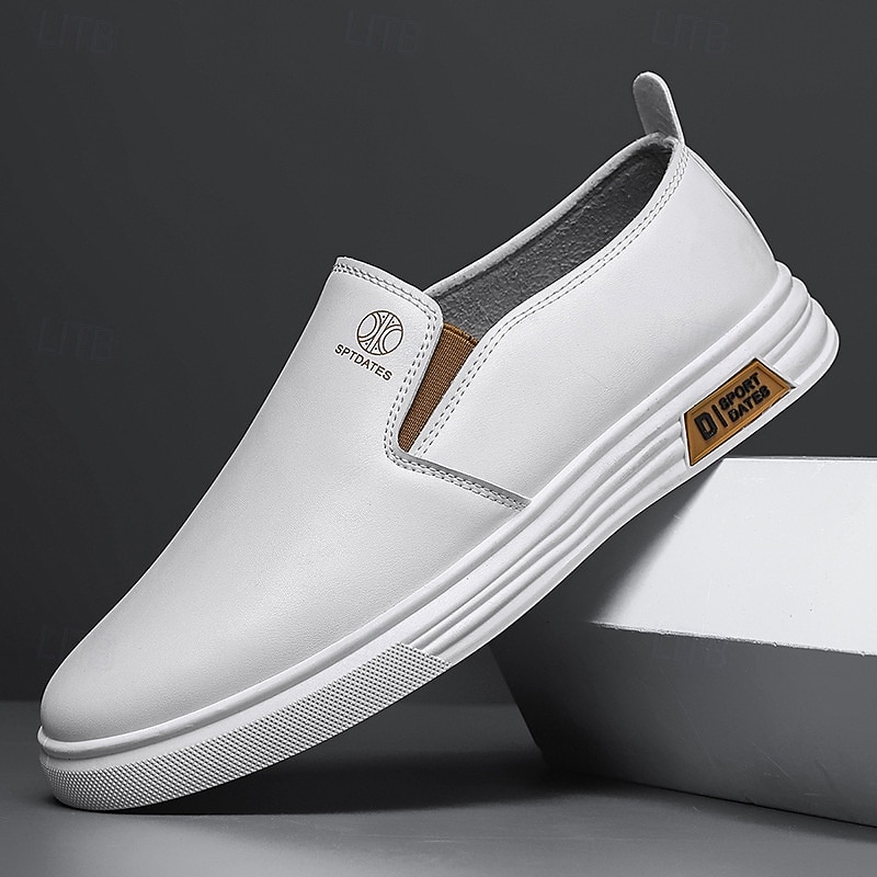 Men's White Slip-On Sneakers with Contrast Faux Leather Accents and Non-Slip Rubber Soles - Stylish and Comfortable for Casual and Everyday Wear
