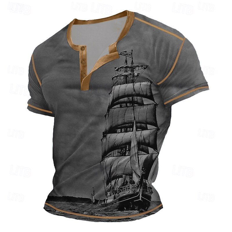 Men's Vintage Sailboat Henley Shirt Tee Short Sleeve Vintage Fashion Designer Outdoor Casual Daily Summer Spring &  Fall Dark Brown Gray Henley Henley T-Shirt4