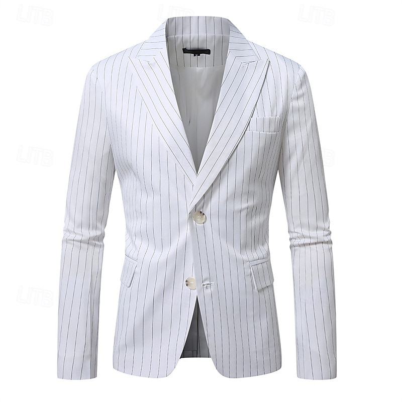 Men's Graduation Blazer Business Cocktail Party Wedding Party Fashion Casual Spring &  Fall Polyester Stripes Pocket Buttons Comfortable Single Breasted Blazer Black White Light Blue2