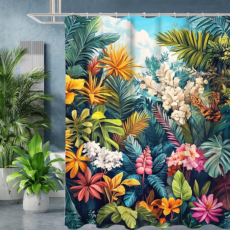 Shower Curtain with 12 Hooks 180cm*180cm(70"*70") Polyester Machine Washable Waterproof Tropical Leaf Plant Pattern4
