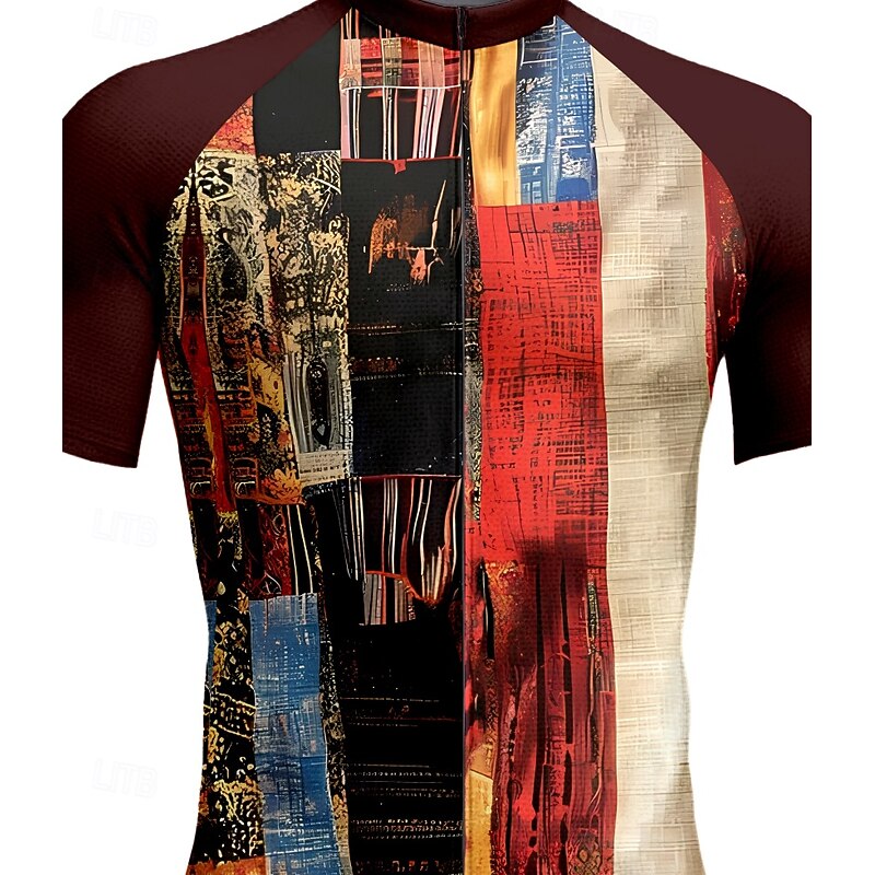Men's Cycling Jersey Graphic Geometric Patchwork Short Sleeve Bike Tee Tshirt Top with 3 Rear Pockets UV Resistant Quick Dry Front Zipper Reflective Strips Sports Wine Red Clothing Apparel3