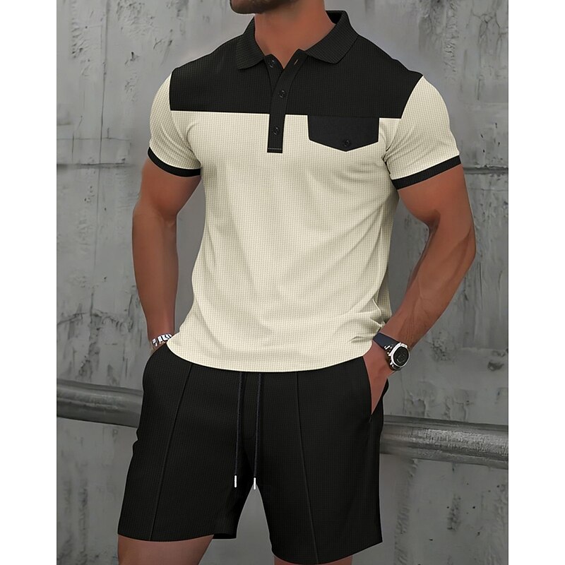 Men's T-shirt Suits 2 Pieces Outfits Tee & Shorts Short Sleeve Lapel Summer Color Block Fashion Casual Patchwork Pocket 2 Piece Vacation Daily Wear Going out Wine Dark Green khaki Top Tee for Men4