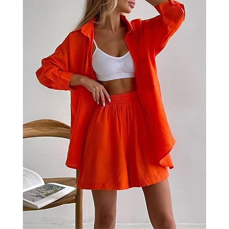 Women's Fashion Streetwear Cotton Linen Sets Two Piece Sets Shorts Sets Short Sleeve Shirt Collar Plain Daily Wear Date White Blue Orange Summer Regular Fit4