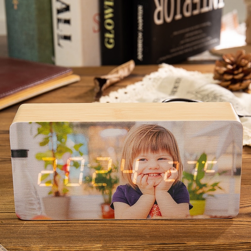 Personalized Photo Wooden Alarm Clock Custom Best Gift for Mom, Smart Digital Clock with Picture, Stylish Home Decor, Ideal Valentine's Day, Birthday, Anniversary Gift for Lover, Family, or Friends