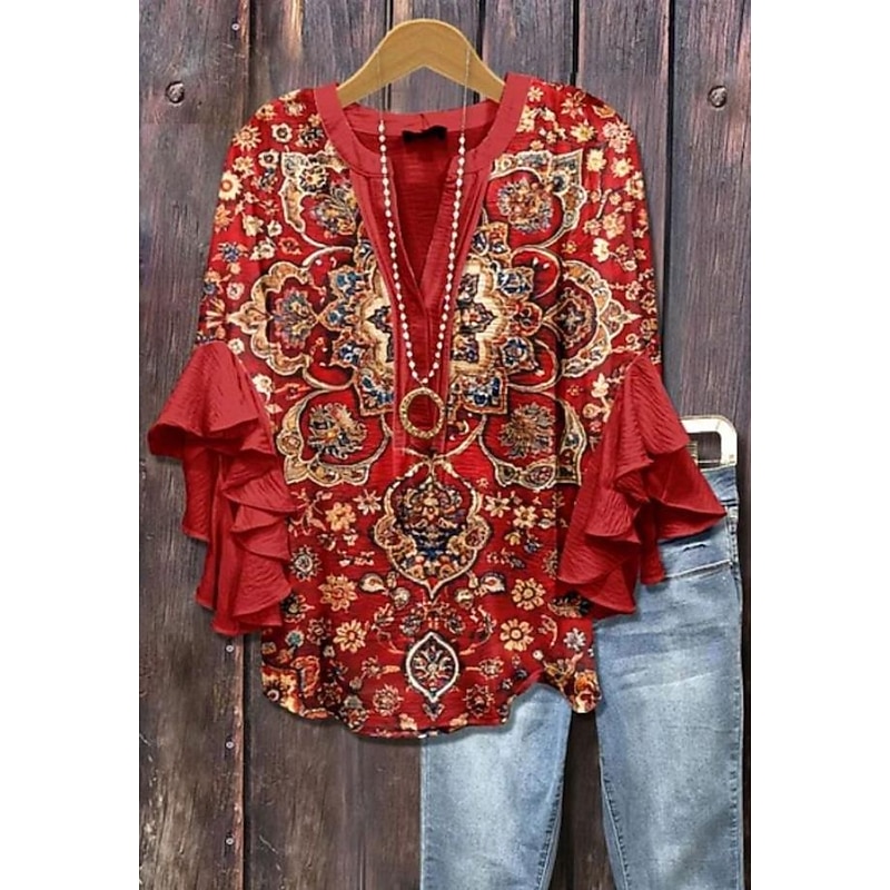 Women's Retro Blouse Layered Ruffle Sleeve Tops Vintage Floral Graphic Paisley Daily Stylish Casual 3/4 Length Sleeve Regular Tops Daily Holiday Vacation Wear Print Red Blue Sky Blue Green