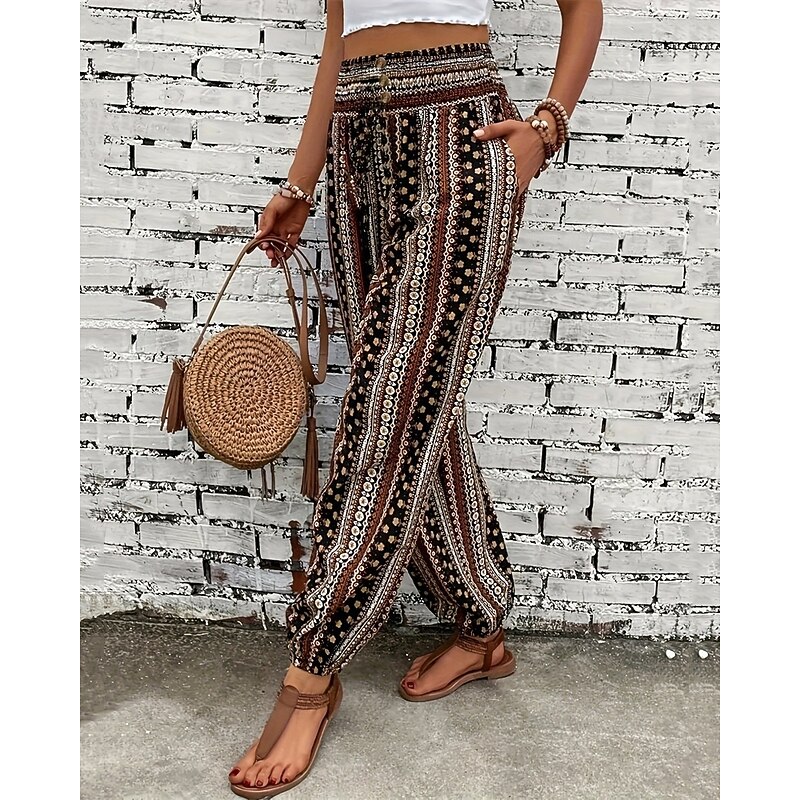 Women's Joggers Pants Trousers Vacation Boho Full Length Mid Waist Geometic Elastic Waist Breathable Comfortable Micro-elastic Street Daily Wear Going out Dark Brown White Red Dark Green Summer4