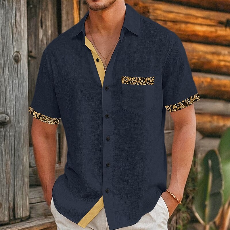 Men's Shirt Linen Shirt Viking Style Summer Shirt Beach Wear Button Up Shirt Solid Color Vacation Curise Black Navy Blue Short Sleeve Collar Summer Spring & Summer Clothing Apparel Color Block4