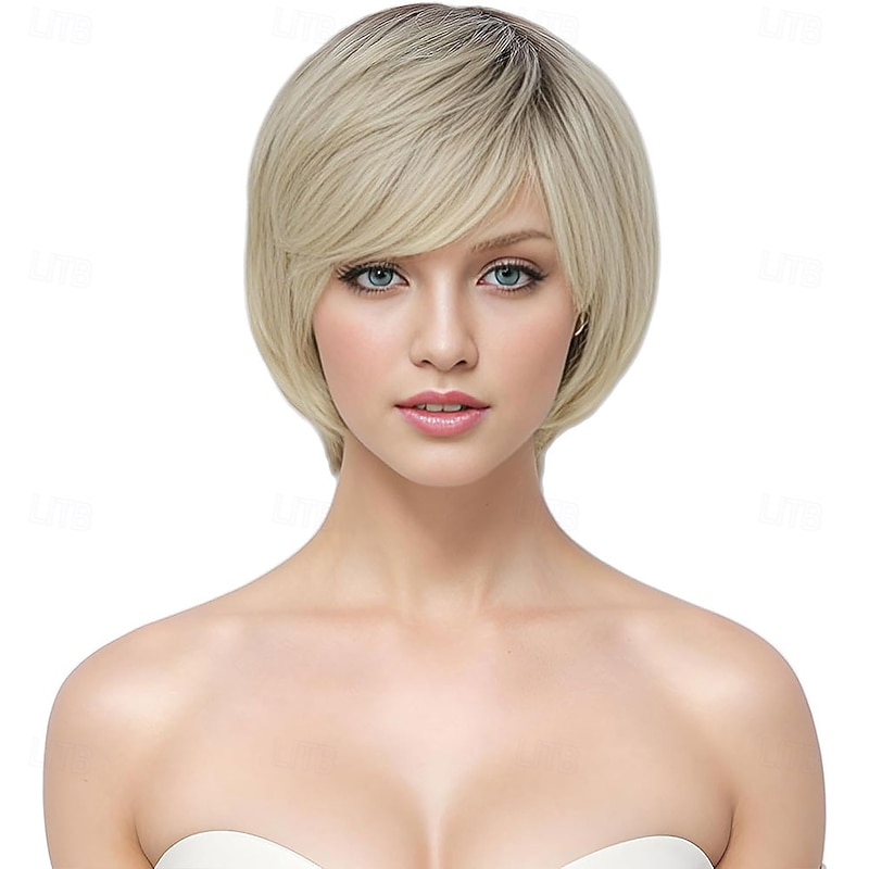 Ombre Blonde Wig Pixie Wig with Bangs for Daily Use or Cosplay Natural Straight Layered Synthetic Hair Short Wigs for Women Ladies