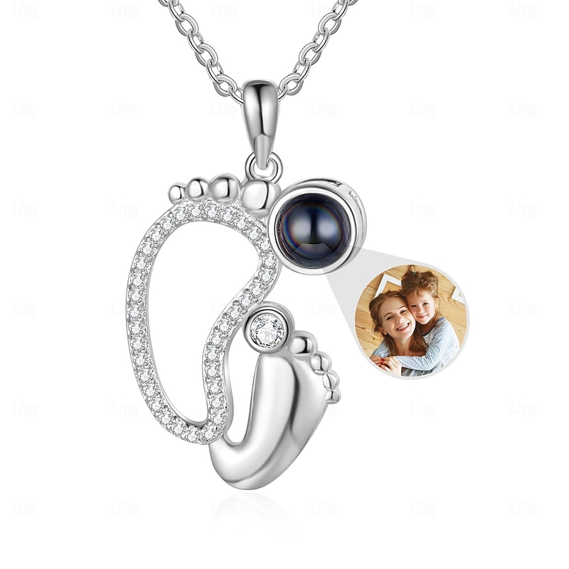 Personalized Footprint Projection Necklace Custom Photo Gift for Her, Love Footprint Time Mark Pendant, Mother's Day Valentine's Day Christmas Birthday Anniversary Memorial Jewelry for Mom Wife Girlfriend