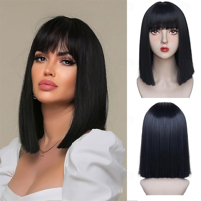 Black Bob Wig with Bangs Short Black Straight Wig for Women Natural Looking Heat Resistant Synthetic Wig for Grils Daily Party Halloween Cosplay Use 13inch