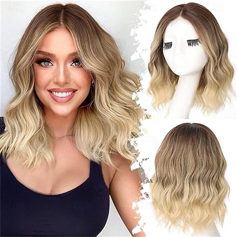 Brown Highlight Short Wavy Wig for Women Bob Style Synthetic Heat Resistant - Natural Appearance for Everyday Hairstyle 14 Inch