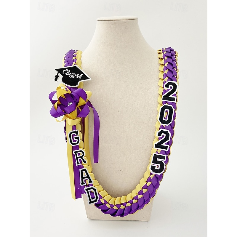 Class of 2025 Graduation Wreath - Braided Ribbon Necklace with GRAD Letters and Hat Charm, Handmade Keepsake Gift for High School and College Graduation Ceremony2