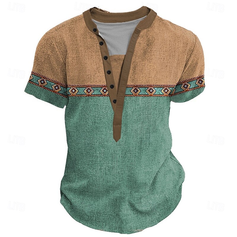 Men's Graphic Geometric Tribal Henley Shirt Short Sleeve 3D Print Fashion Designer Ethnic Street Casual Daily Summer Light Blue Light Green Light Purple Stand Collar Henley Henley T-Shirt