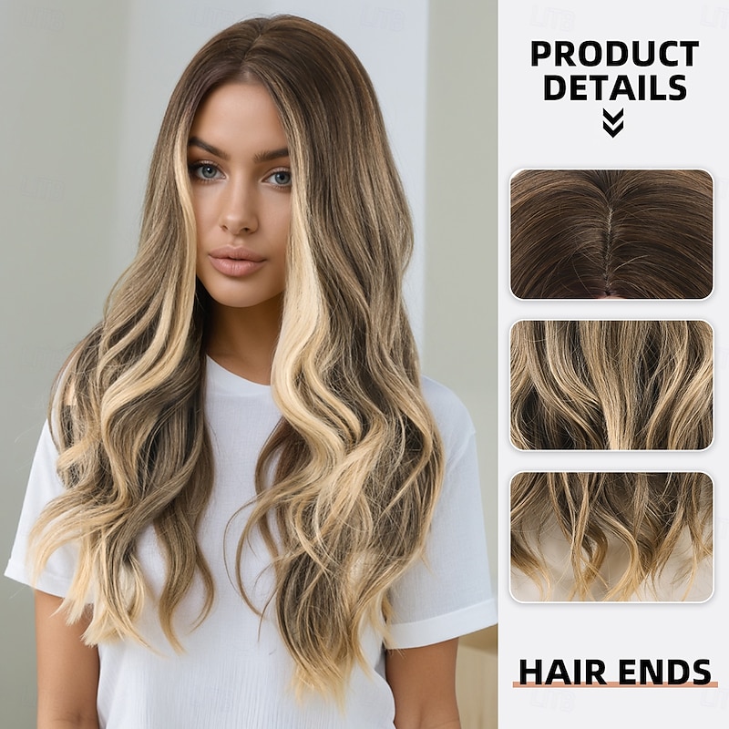 Synthetic Wig Wavy Deep Wave Layered Haircut With Bangs Machine Made Wig 24 inch A1 Synthetic Hair Women's Cosplay Classic Color Gradient Blonde2