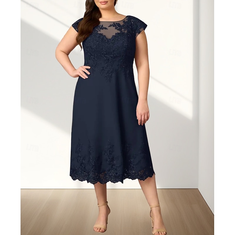 A-Line Mother of the Bride Dress Wedding Guest Elegant Crew Neck Tea Length Chiffon Short Sleeve with Appliques Midi Dress