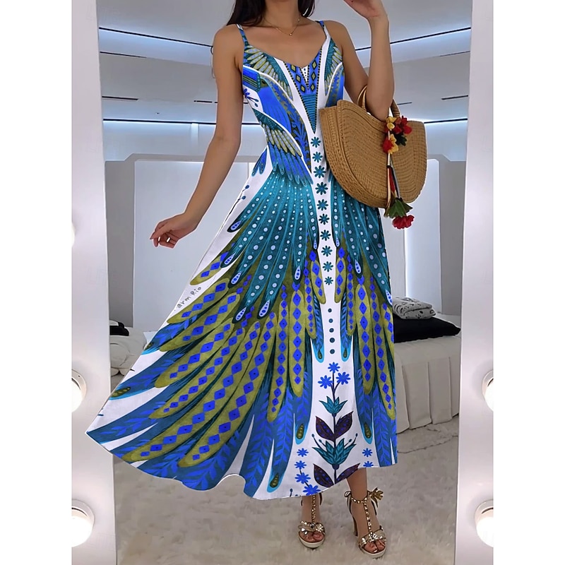 Women's Maxi Dress A Line Dress Slip Dress Vacation Casual Boho Going out Beach Regular Fit Floral Graphic Feather Sleeveless V Neck Blue Orange Green Rose Pink Summer Spring2