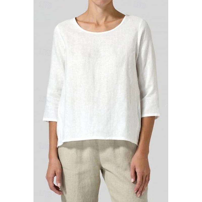 Women's Blouse Cotton Linen Shirts Plain Basic Casual 3/4 Length Sleeve Crew Neck Regular Tops Daily Holiday Going out Black White Pink Army Green Gray Summer