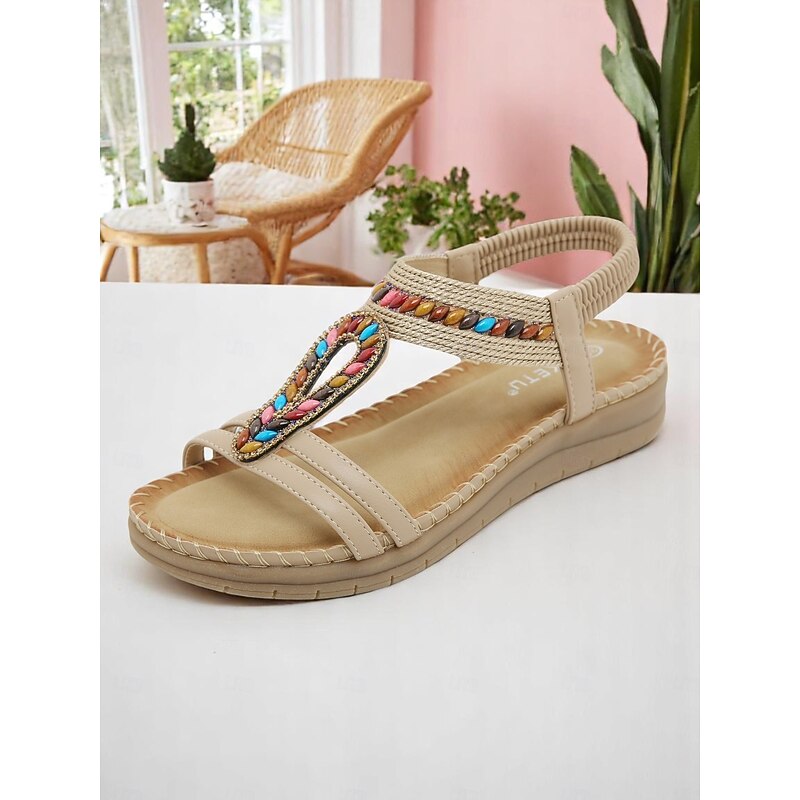 Women's Brown Beaded T-Strap Flat Sandals – Boho Ethnic Style Summer Shoes for Casual Outings, Travel, and Beach Vacations