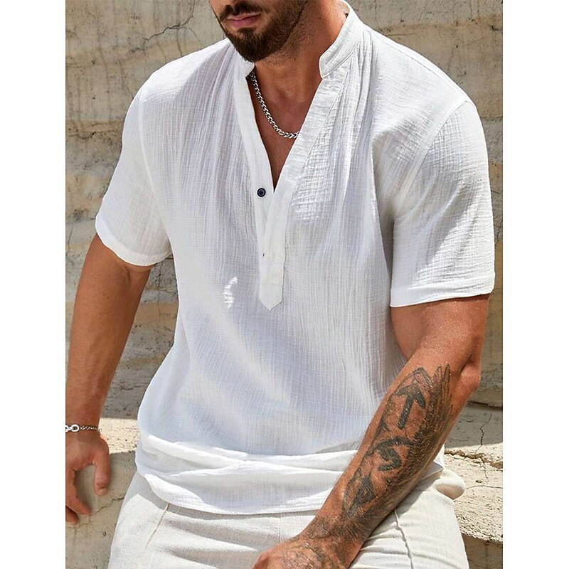 Men's Shirt Linen Shirt Popover Shirt Summer Shirt Beach Wear Henley Shirt Solid Color Vacation Dailywear White Sky Blue Short Sleeve Stand Collar Summer Spring Clothing Apparel4