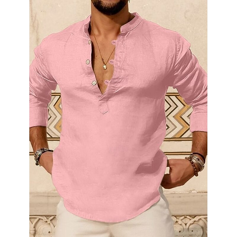 Men's Shirt Linen Shirt Popover Shirt Summer Shirt Beach Wear Henley Shirt Solid Color Vacation Home Pink Sky Blue Green Khaki Long Sleeve Stand Collar Summer Spring Clothing Apparel Buttons