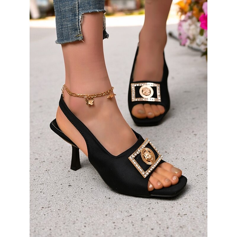 Women's Brown Slingback Peep-Toe Heels – Rhinestone Embellished Mid Heels for Elegant Daily Outfits and Romantic Evenings3