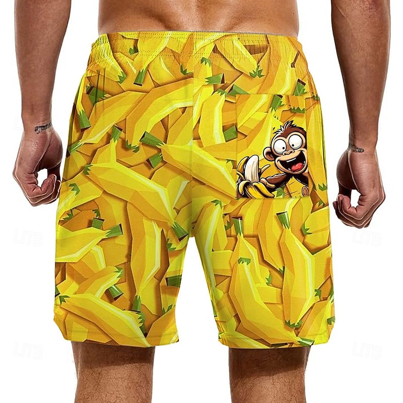 Men's Funny Monkey Banana Lined Shorts 2 in 1 Board Shorts Swim Shorts Mid Waist Hawaiian Vacation Holiday Beach Wear Side Pockets With Compression Liner Elastic Drawstring Waist Designer Clothing2