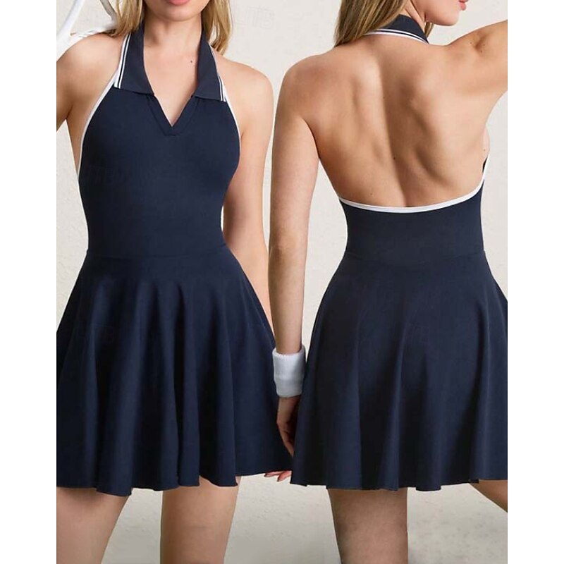 Women's Patchwork Tennis Dress with Built in Shorts and Bra Sports Dress Sleeveless Pleated Breathable Tennis Golf Pickleball V Neck Open Back Dark Navy Tennis Clothing