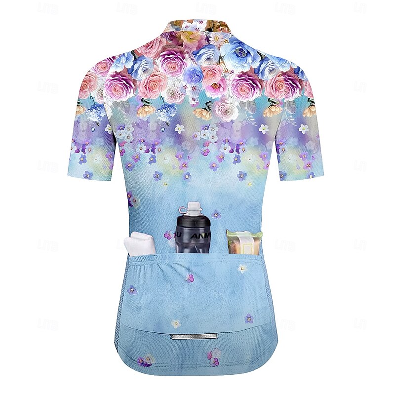 Women's Cycling Jersey Graphic Gradient Floral Botanical Short Sleeve Bike Jersey Top with 3 Rear Pockets Sunscreen UV Resistant Quick Dry Reflective Strips Sports Sky Blue Clothing Apparel2